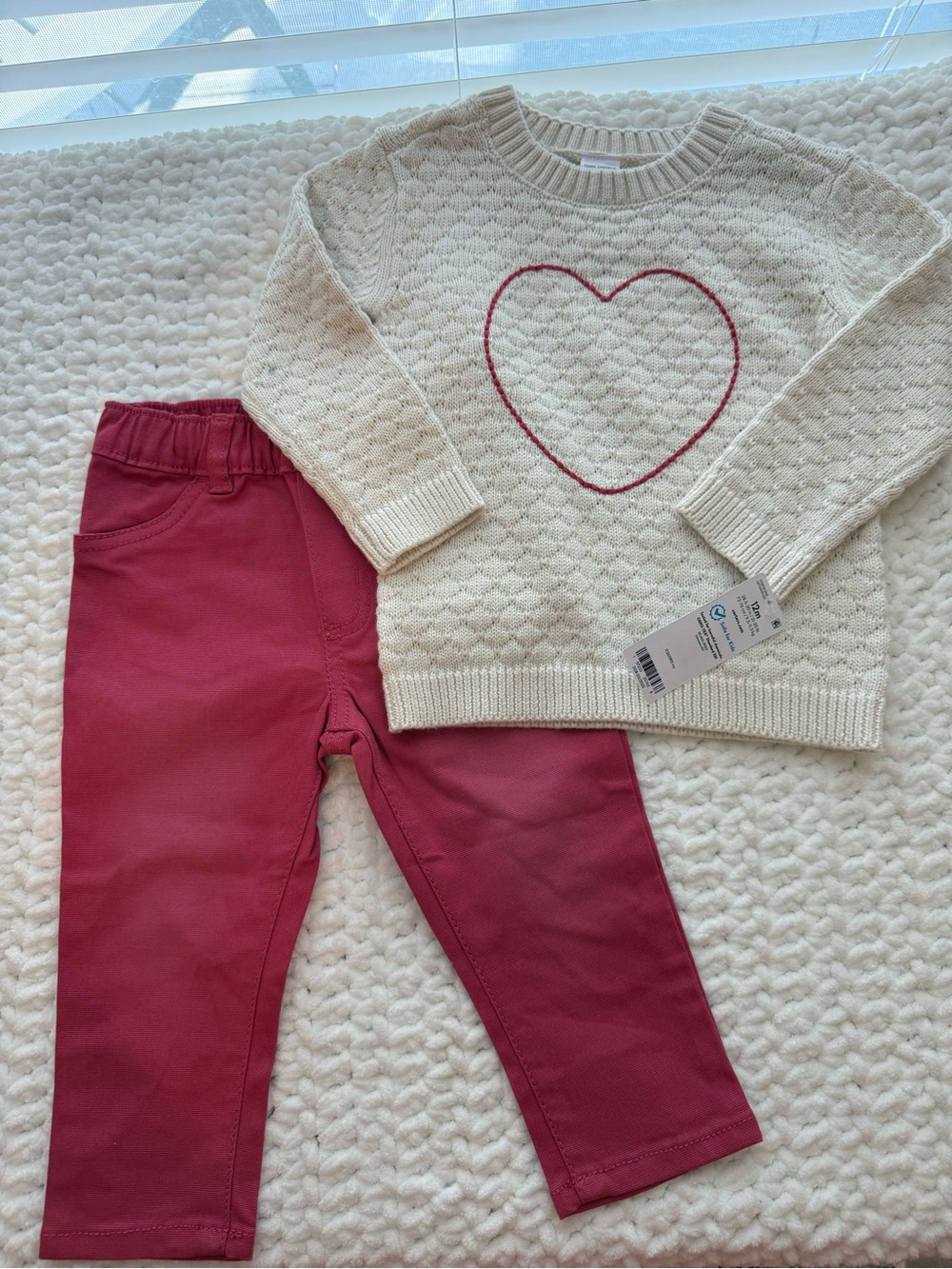 Carter's Cream Knit Heart Sweater and Raspberry Pants Kids Matching Set